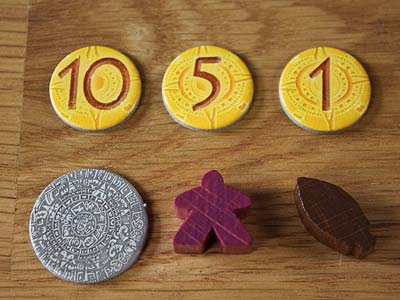 Cacao - Goldmünzen, Sonnenstein, Wasserträger und Cacaofrucht