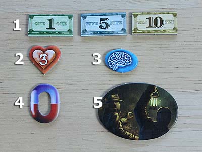 Arkham Horror - Geld-, Ausdauer, Geistige Gesundheit-Marker, Fertigkeitenanzeiger und Erster-Spieler-Marker