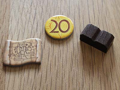 Cacao - Chocolatl - Landkartenplättchen, Goldmünzen und Schokoladentafeln