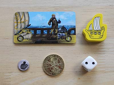 Captain Jack′s Gold - Schiffstafel, Piratenschiff, Rumplättchen, Piratenmünzen und Würfel