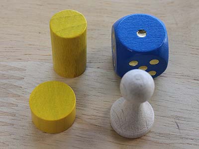 Komm mit durch Deutschland - Spielfigur, Wertungsstein, Würfel und Fridolin
